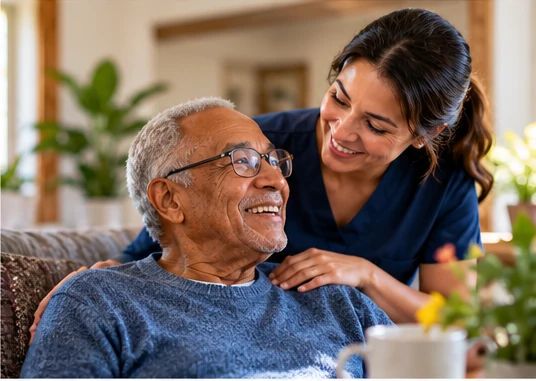 A caregiver in navy scrubs rests a hand on the shoulder of a smiling older man with glasses in a bright living room.