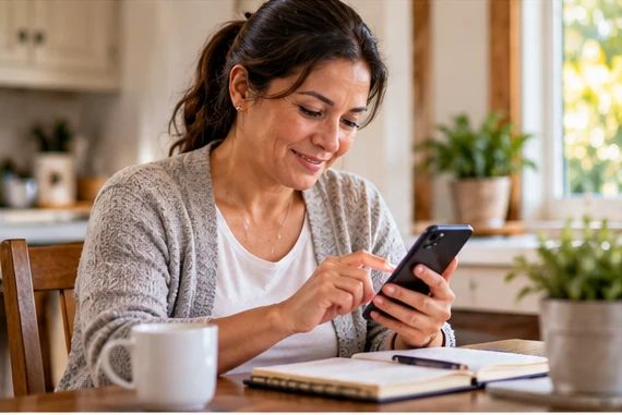 A woman at a wooden kitchen table taps her phone beside a coffee mug and a notebook, logging her caregiving hours.